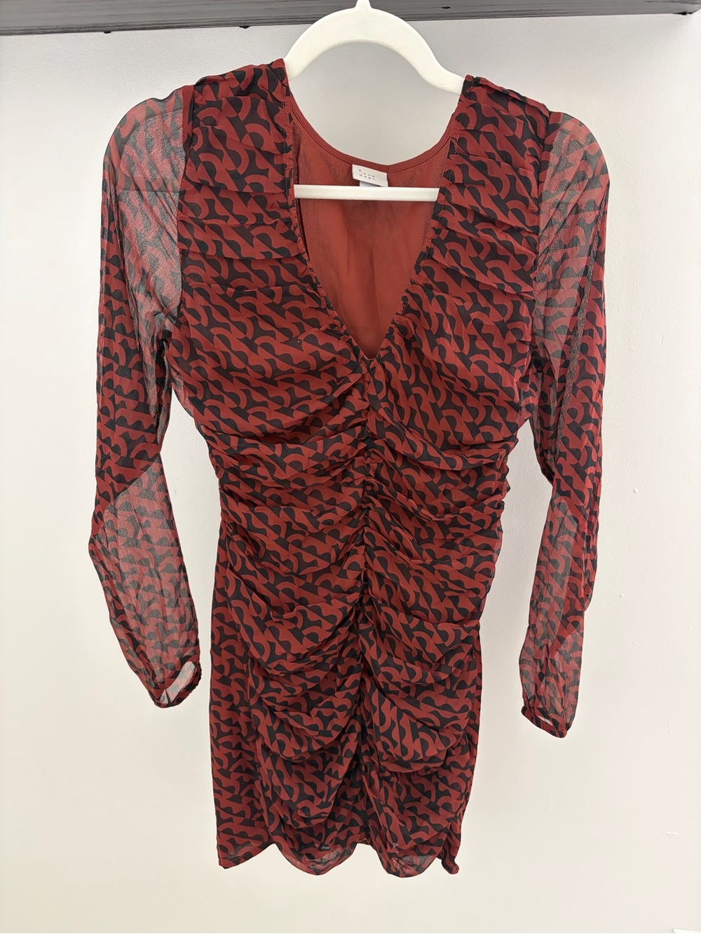 Ruched V-Neck Long-Sleeve Mini Dress in Rust and Black